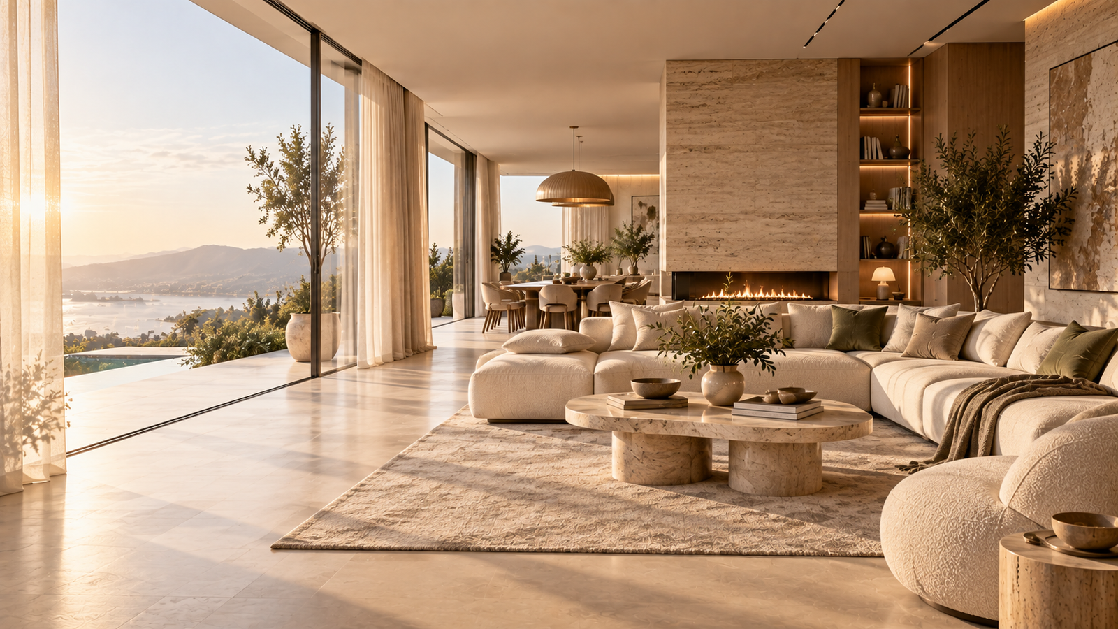 Warm modern cozy living room with natural wood, plants and soft neutral decor