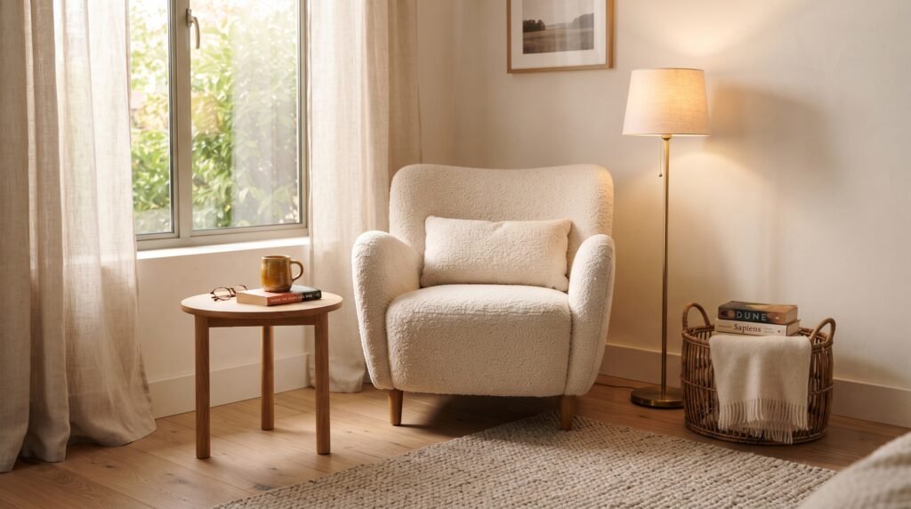 Reading corner with armchair, floor lamp, and basket