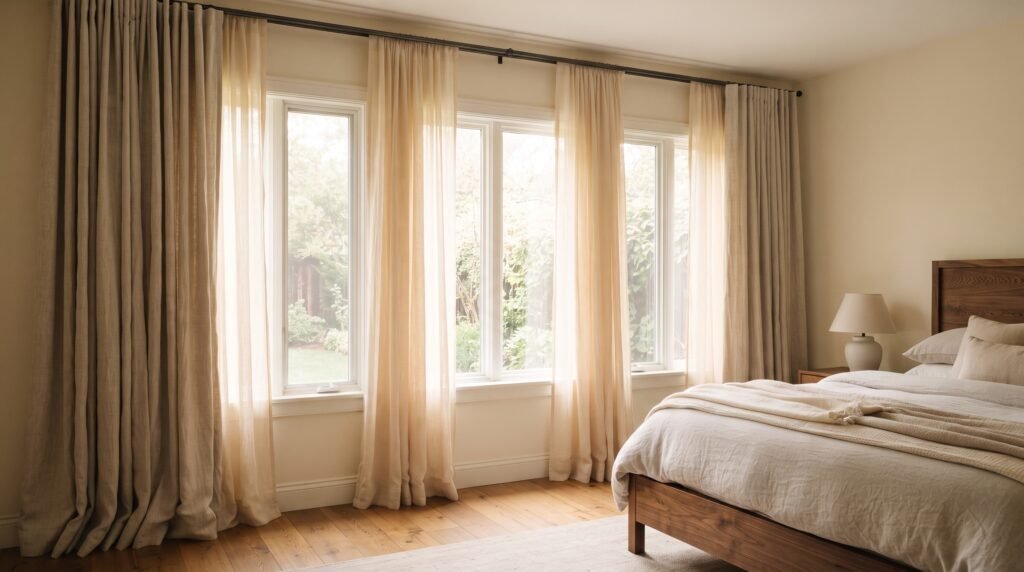 Bedroom with floor-length linen curtains hung high