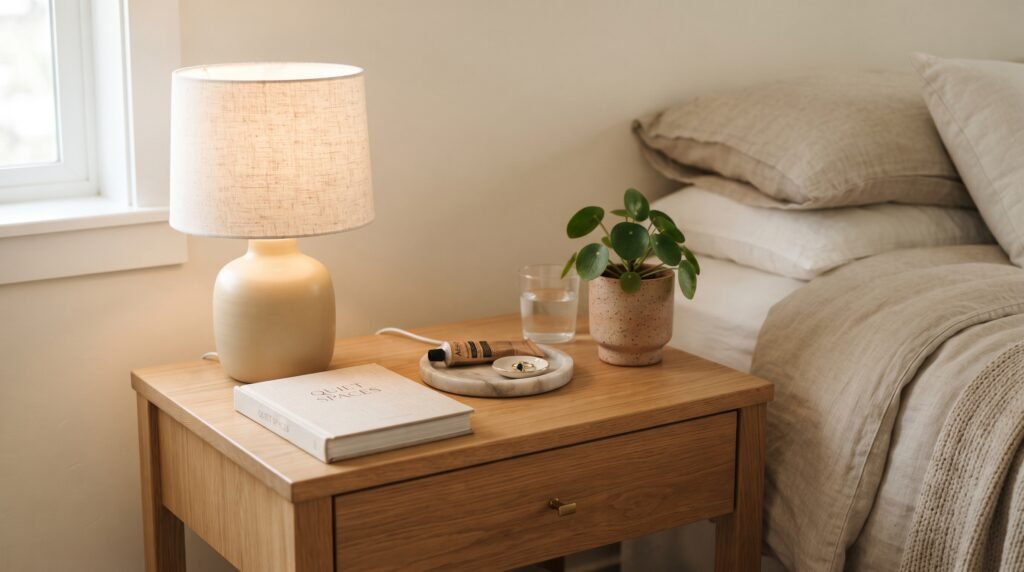 Styled nightstand with lamp, book, tray, and water glass
