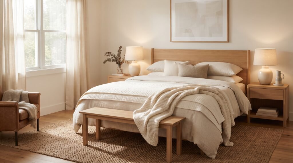 Cozy bedroom with layered neutral bedding and warm lamp light