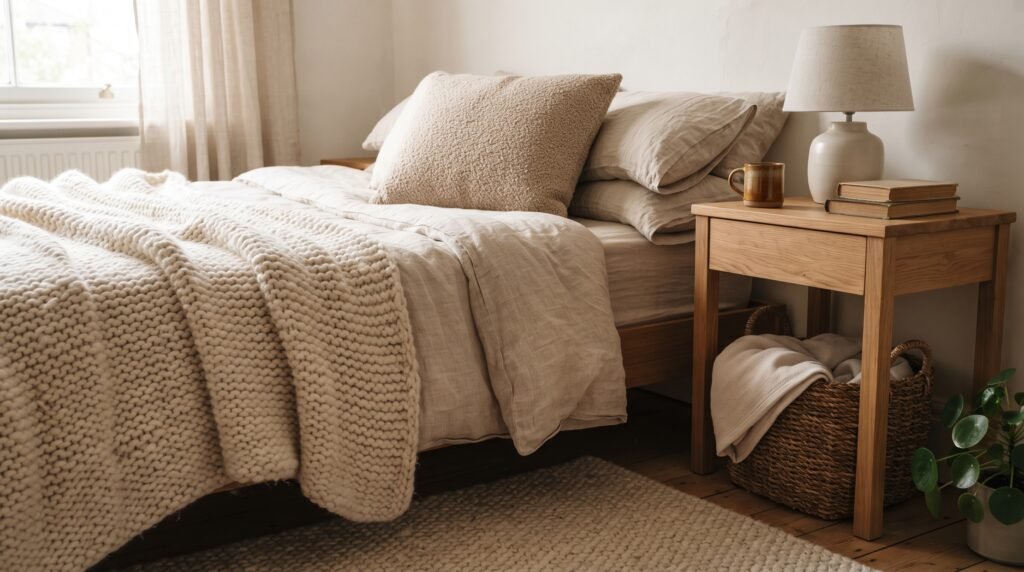 Close view of knit throw, linen, and bouclé cushion