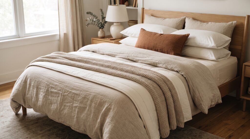 Layered bed with linen duvet, quilt, and knit throw