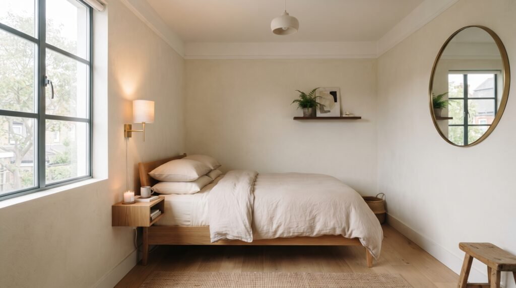 Small bedroom with low bed and wall sconces