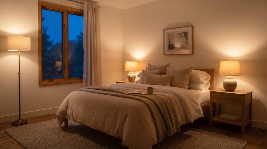 Bedroom with warm bedside lamps and floor lamp at dusk